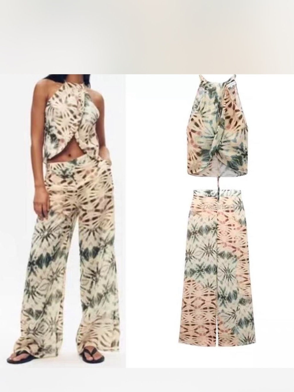 Zara Tie-Dye Wide Leg Pants Set - Green & Cream